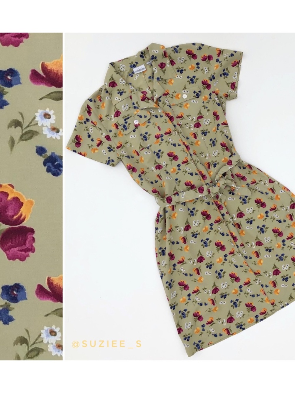 Vintage Liz Claiborne Sage Green Floral Button Front Mini Shirt Dress 8